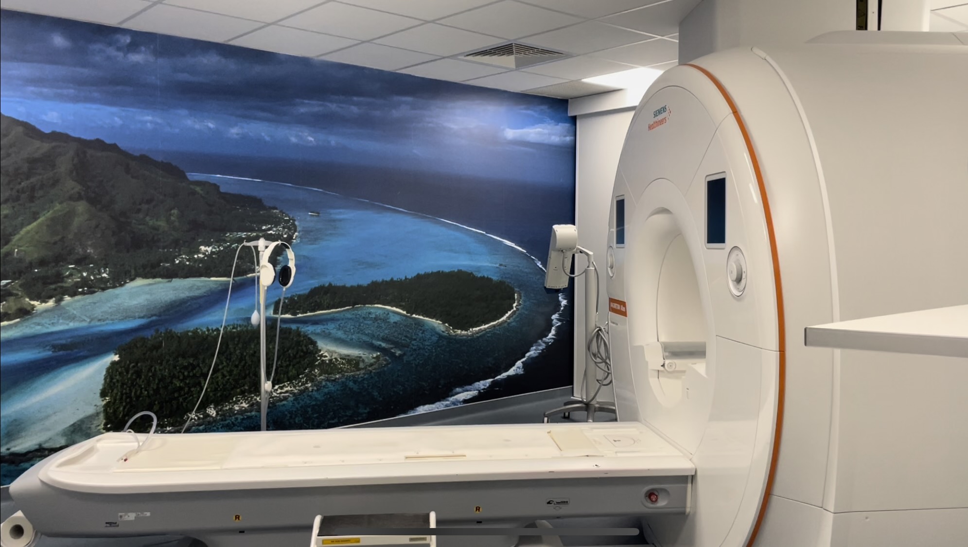 Salle d'IRM Siemens du Centre TESLA — fresque polynésienne apaisante